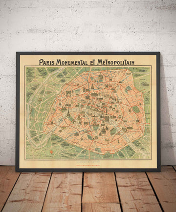 Plan ancien de Paris Métro & Points de repère, 1920 par Robelin - Tour Eiffel, Louvre, Champs-Elysées, Carte de métro ferroviaire