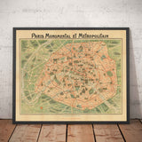 Antiguo mapa del metro de París, 1920, por Robelin - Torre Eiffel, Louvre, Campos Elíseos, mapa del metro