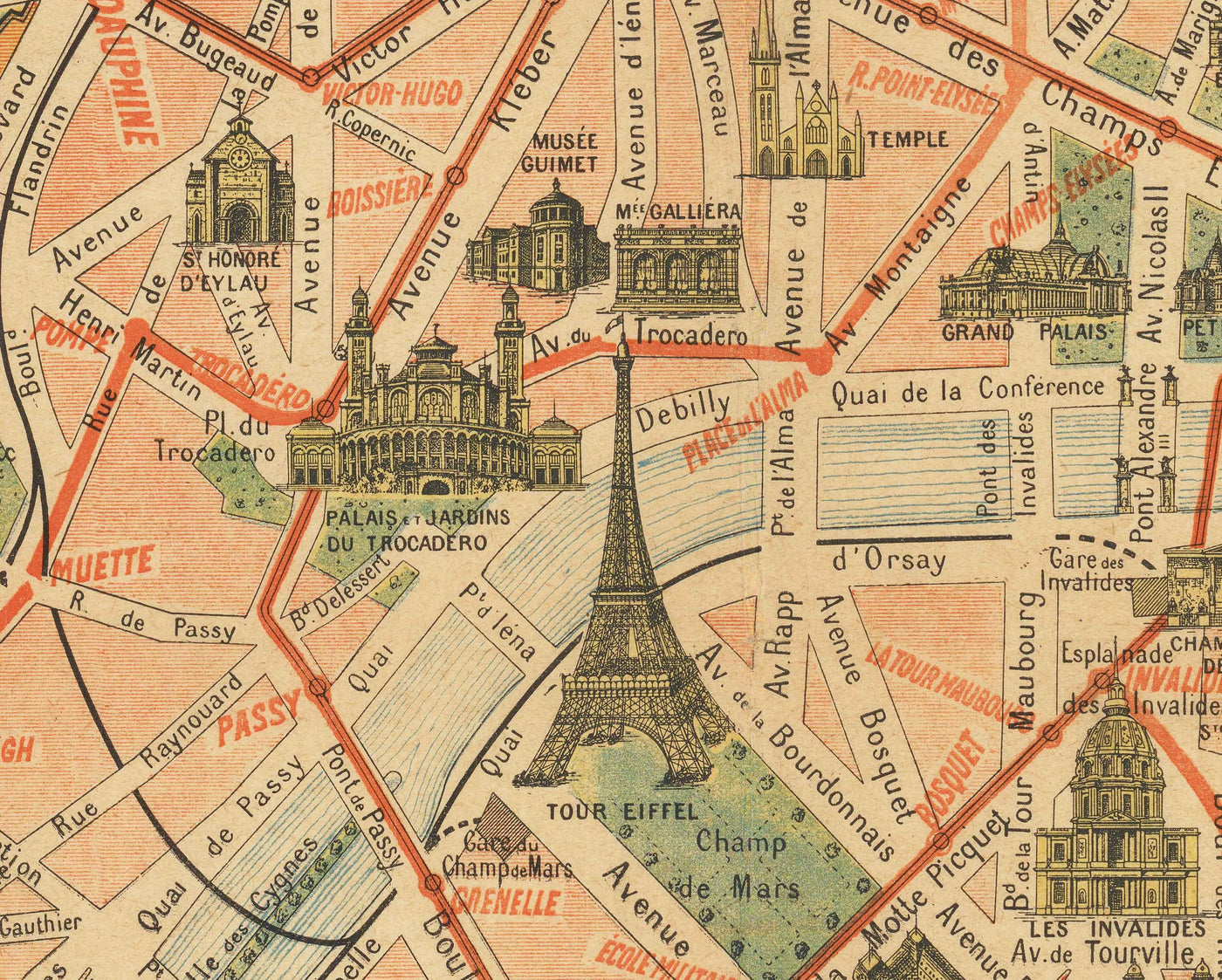 Old Map of Paris Métro & Landmarks, 1920 by Robelin - Eiffel Tower, Louvre, Champs-Elysees, Railway Subway Chart