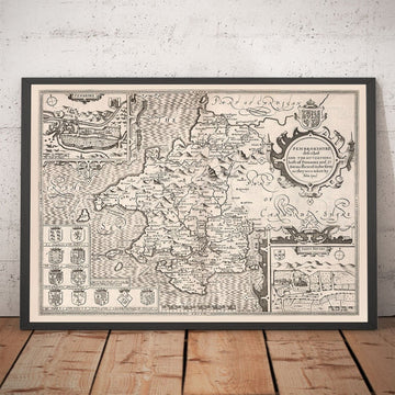 Vieille carte monochrome de Pembrokeshire, Pays de Galles 1611 John Vitesse - Haverfordwest, St Davids, Garde de poisson, Sud-Ouest