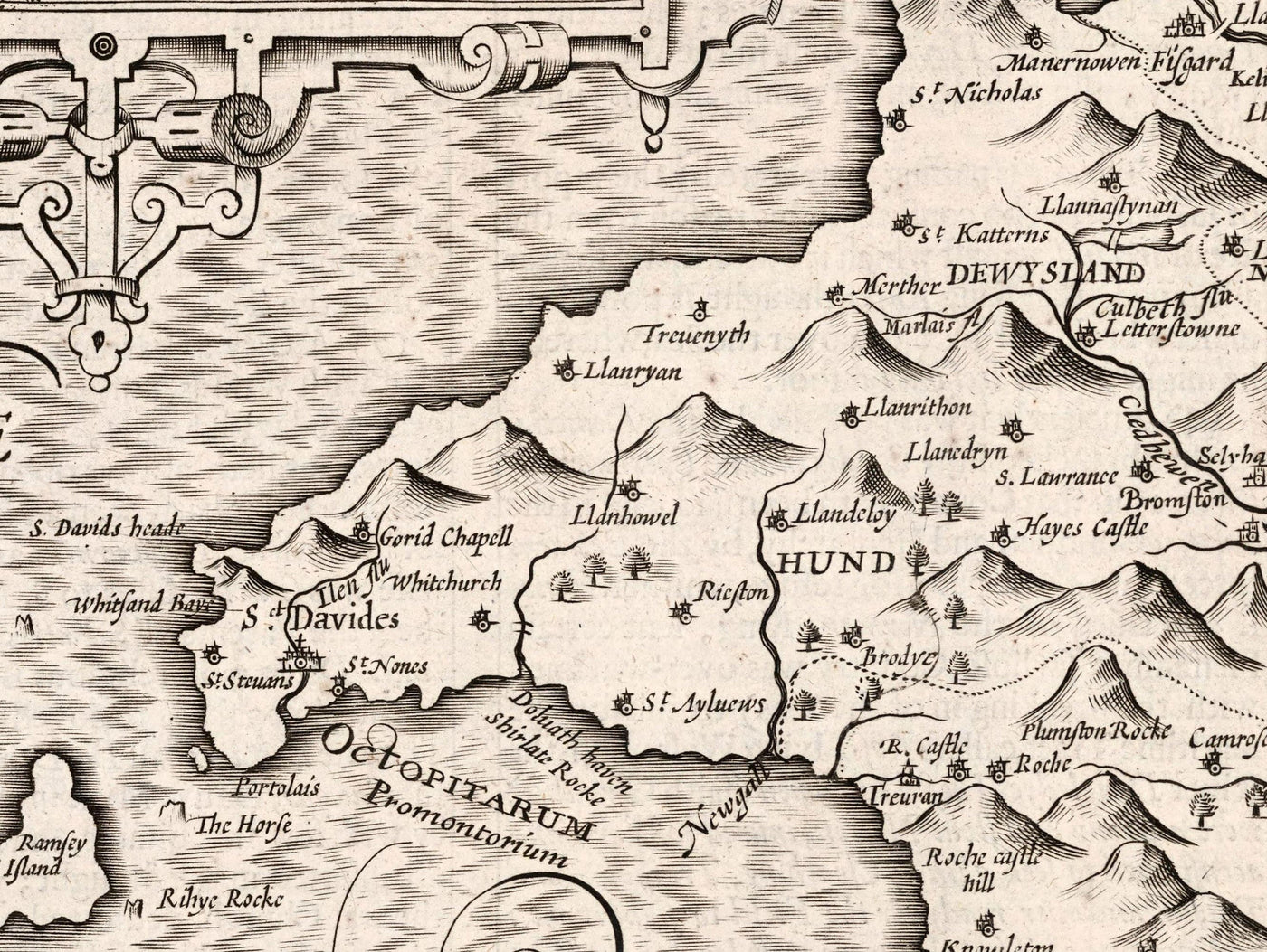 Old Monochrome Map of Pembrokeshire, Wales 1611 John Speed - Haverfordwest, St Davids, Fishguard, Southwest