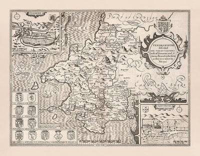Old Monochrome Map of Pembrokeshire, Wales 1611 John Speed - Haverfordwest, St Davids, Fishguard, Southwest