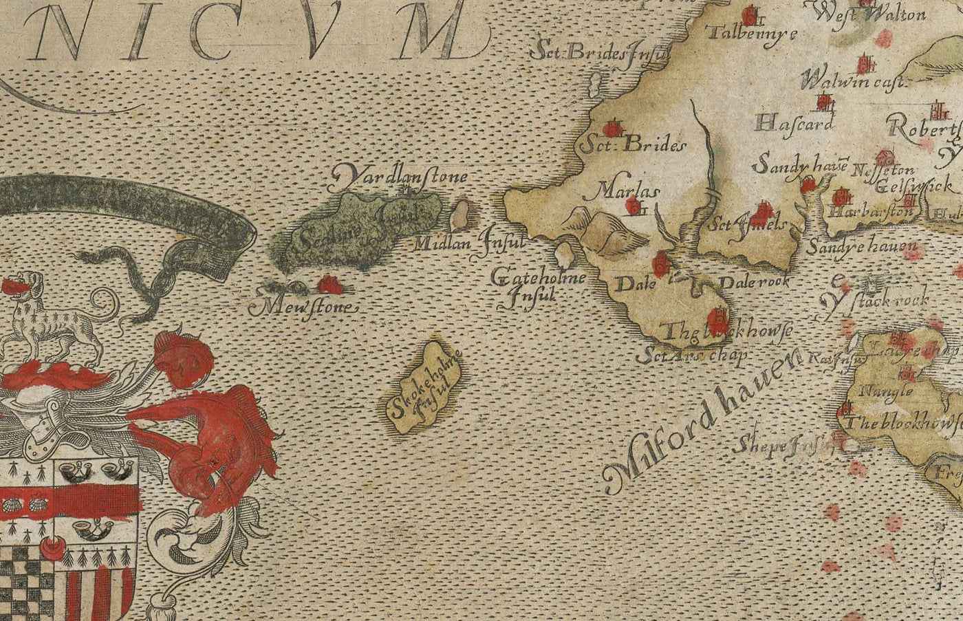 Old Map of Pembrokeshire, Wales in 1578 by Christopher Saxton - Pembroke, Newport, Cardigan, Fishguard, Haverfordwest