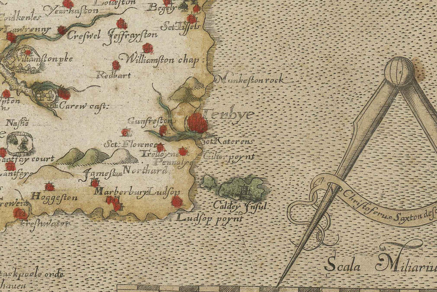 Mappa antica del Pembrokeshire, Galles nel 1578 di Christopher Saxton - Pembroke, Newport, Cardigan, Fishguard, Haverfordwest 