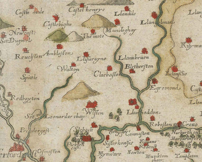 Old Map of Pembrokeshire, Wales in 1578 by Christopher Saxton - Pembroke, Newport, Cardigan, Fishguard, Haverfordwest