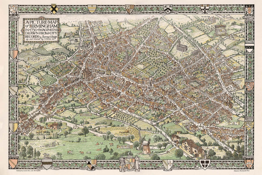 Antica mappa pittorica di Birmingham nel 1730 di Bernard Sleigh 