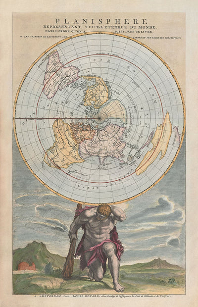 Old Flat Earth Planisphere World Map, 1715 by Louis Renard - Cassini Projection - Atlas Shrugged
