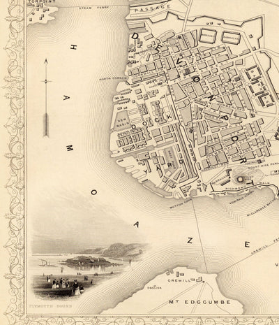 Old Monochrome Map of Plymouth in 1851 by Tallis, Rapkin - Stonehouse, Devonport