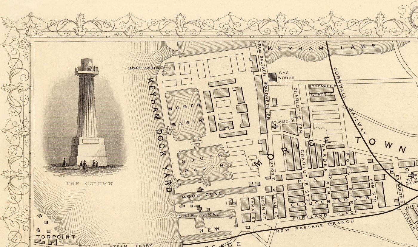 Old Monochrome Map of Plymouth in 1851 by Tallis, Rapkin - Stonehouse, Devonport