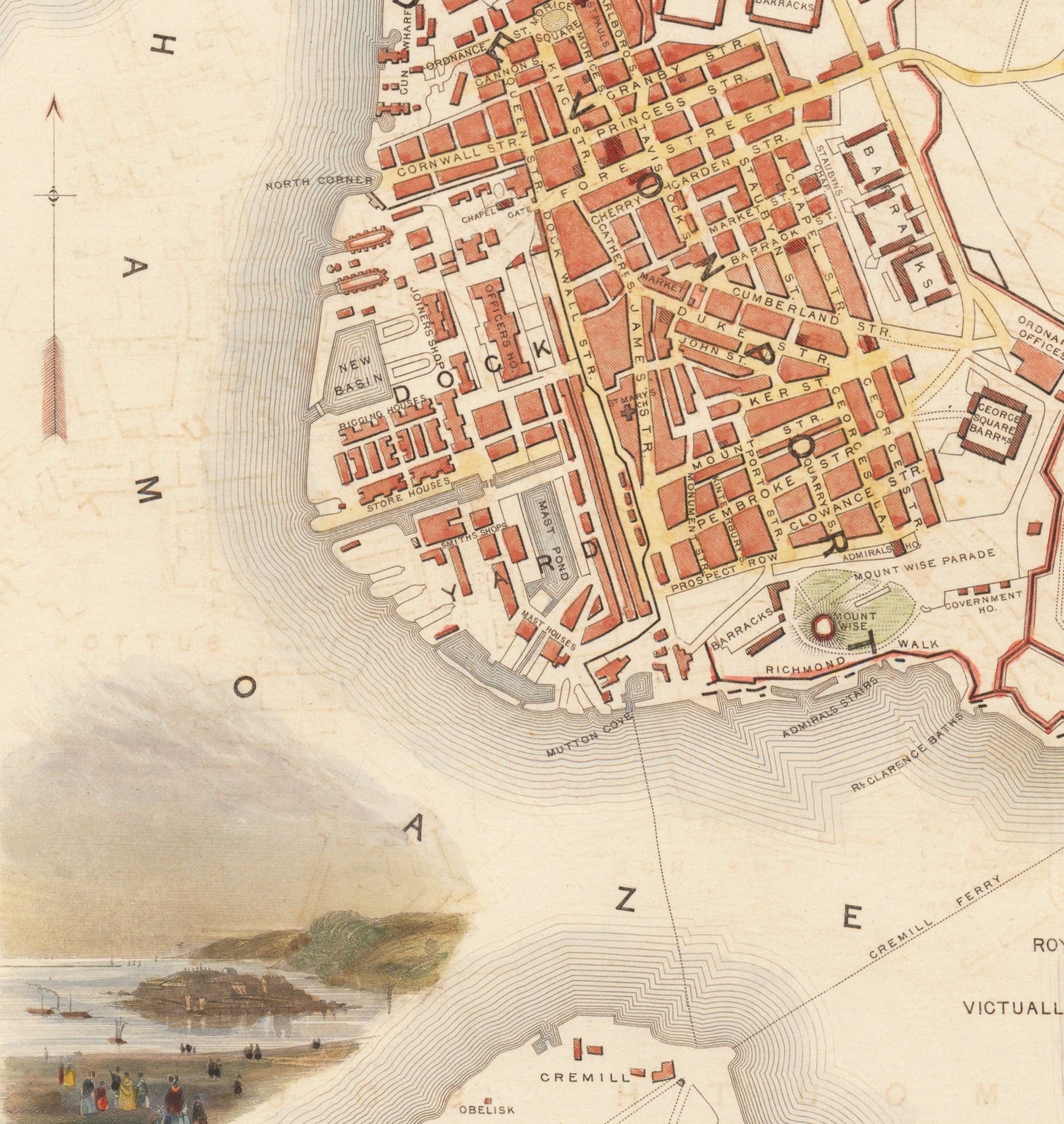 Old Handcoloured Map of Plymouth in 1851 by Tallis, Rapkin - Stonehouse, Devonport
