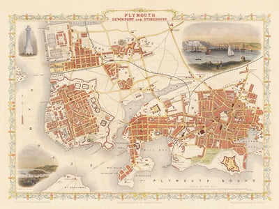 Old Handcoloured Map of Plymouth in 1851 by Tallis, Rapkin - Stonehouse, Devonport