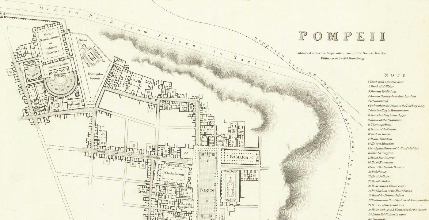 Old Map of Pompeii in 1832 by SDUK - Mount Vesuvius, House of Pansa, Forum, Teatro Grande, House of the Vettii, House of the Faun