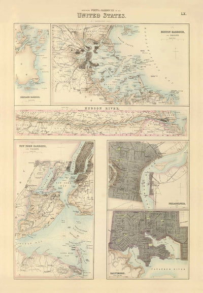 Old Map of the Ports & Harbours of Northern USA, 1872 by Fullarton - Hudson River, Boston, Philadelphia, New York, Portland