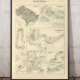 Alte Karte der Häfen und Hafenanlagen im Süden der USA, 1872 von Fullarton - Pensacola, New Orleans, Galveston, Key West, Charleston 