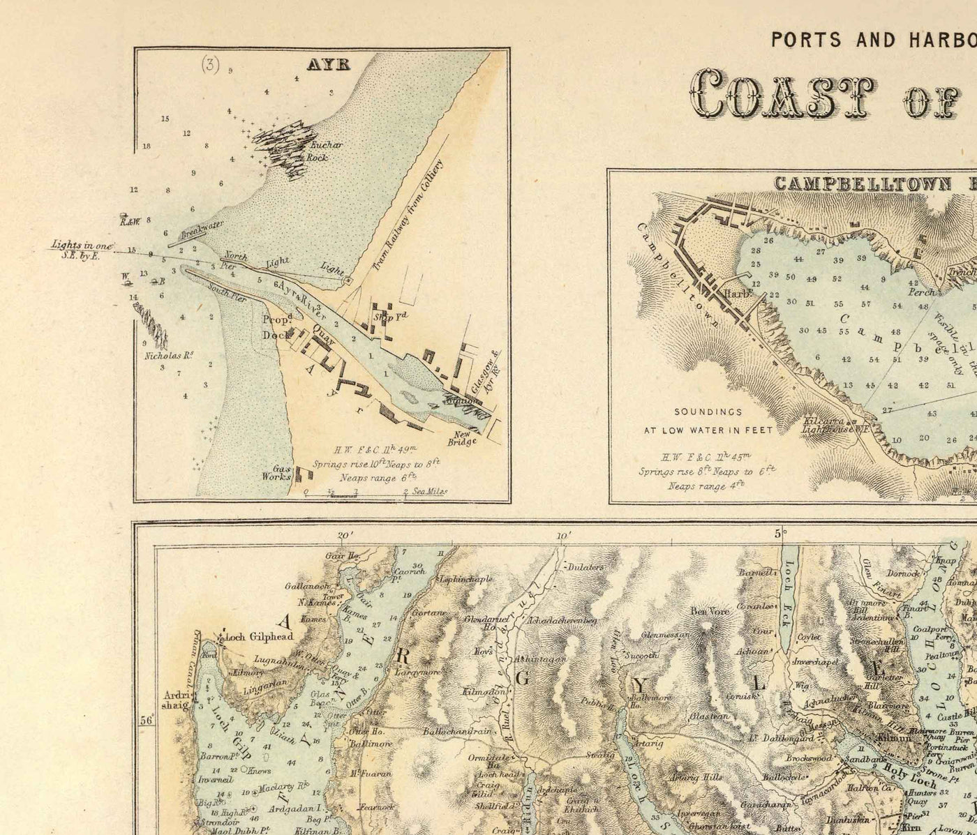 Old Map of the Ports & Harbours of the West Coast of Scotland, 1872 by Fullarton - Glasgow, Largs, Portpatrick, Irvine, Ayr