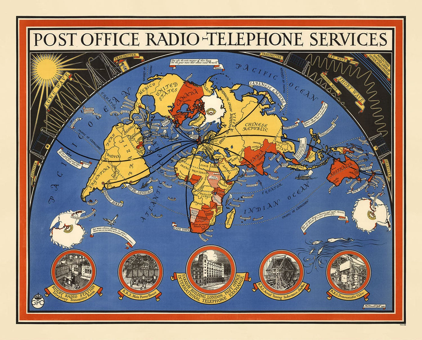 Post Office Radio Telephone World Map, 1935 by Max Gill - British Empire Wireless Network Wall Chart