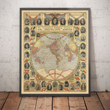 Old Flat Earth Map with World Leaders, 1921 - Shipping Lanes, Stalin, Mussolini, King George, Hoover