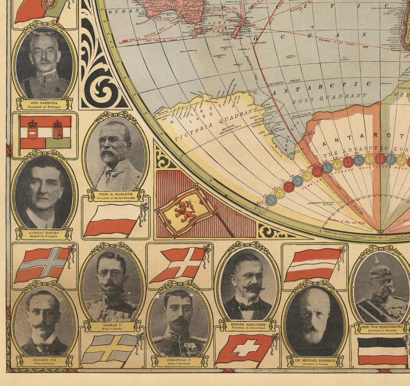 Old Flat Earth Map with World Leaders, 1921 - Shipping Lanes, Stalin, Mussolini, King George, Hoover