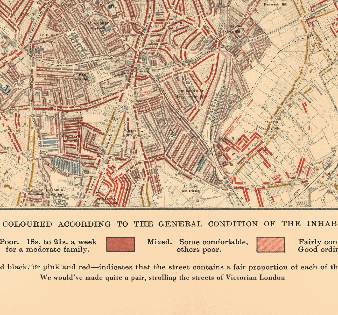 Map of London Poverty 1898-9, West Central District, by Charles Booth - Westminster, Camden, City of London, Islington - W1, WC1, WC2, EC1, N1