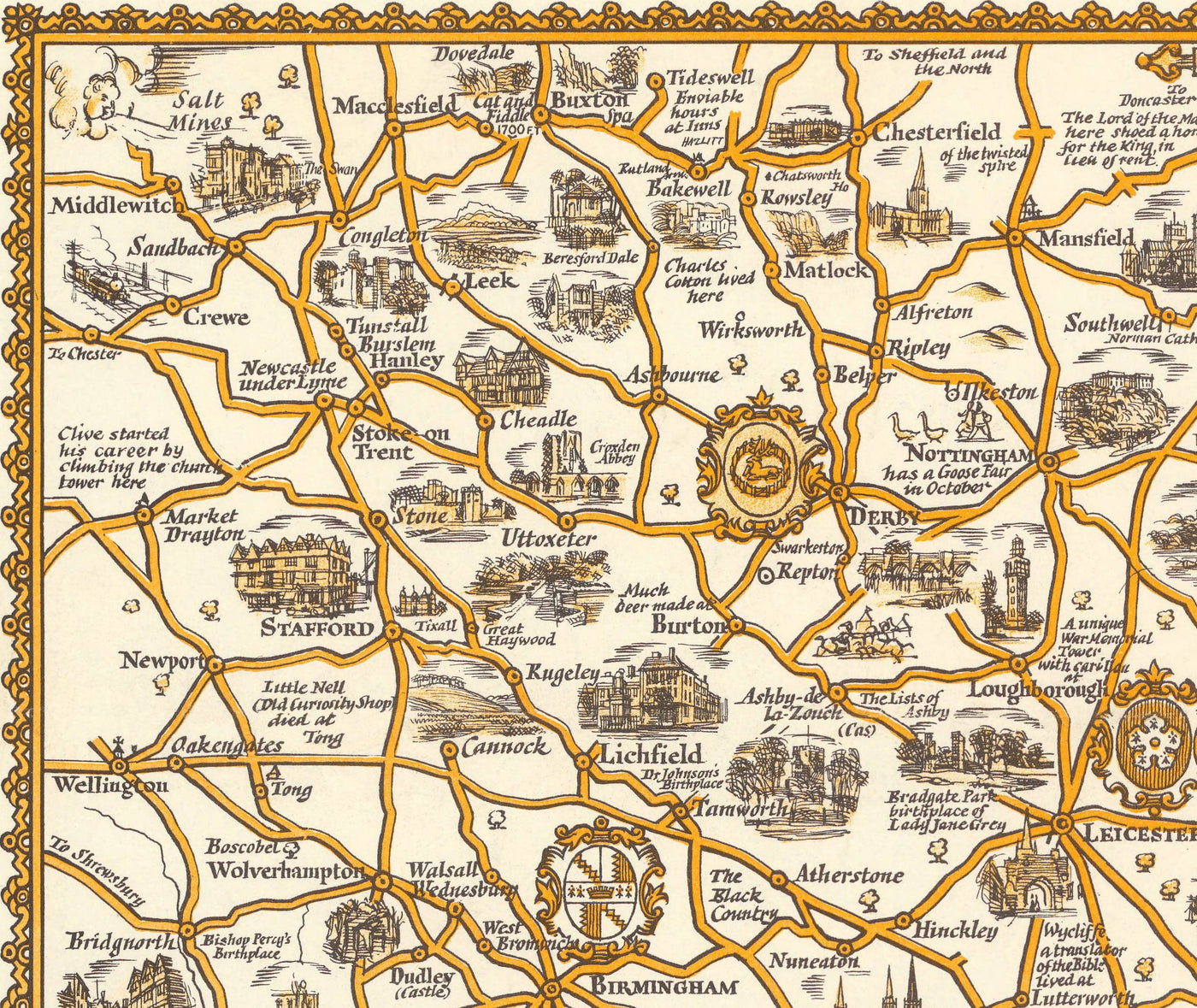 Pratts High Test Plan of the Midlands 1932 - Essex, Oxford, Birmingham - Old Vintage Motoring Car Map - Esso, Standard Oil