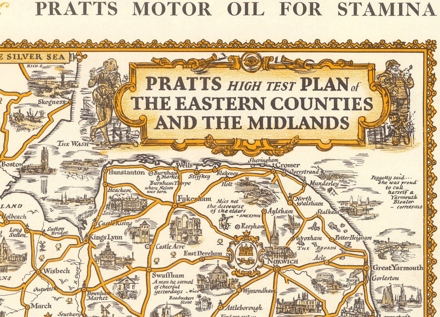 Pratts High Test Plan of the Midlands 1932 - Essex, Oxford, Birmingham - Old Vintage Motoring Car Map - Esso, Standard Oil