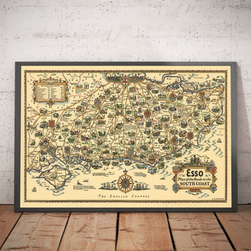Plan Esso des routes de la côte sud 1931 - Kent, Sussex, Surrey, Hampshire - Ancienne carte automobile d&