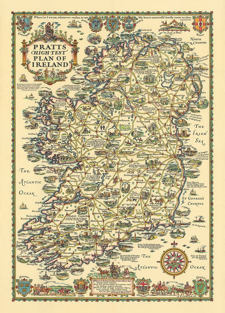 Pratts High Test Plan of Ireland, Eire, 1933 - Dublin, Belfast, Ulster - Old Vintage Motoring Car Map - Esso, Standard Oil
