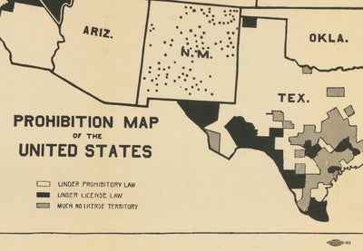 Old Map of Alcohol Pre-Prohibition in the USA, 1915 - State Prohibition & Licensing Laws Before 18th Amendment