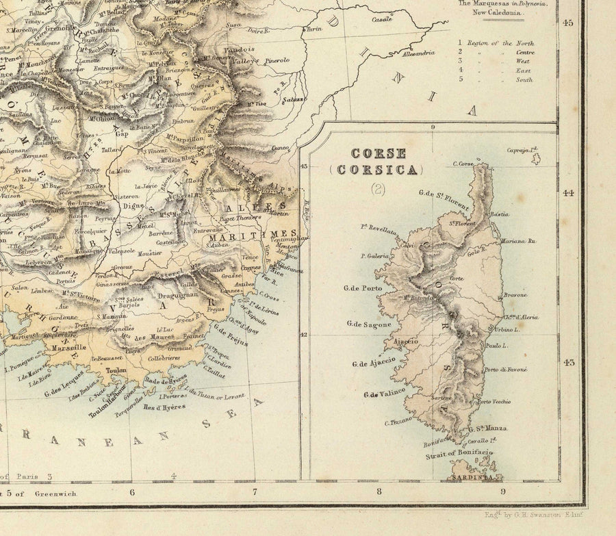 Mappa antica della Francia e delle sue possessioni straniere, 1872 di Archibald Fullarton - Algeria, Guiana Francese, Corsica, Le Alpi, Martinica 