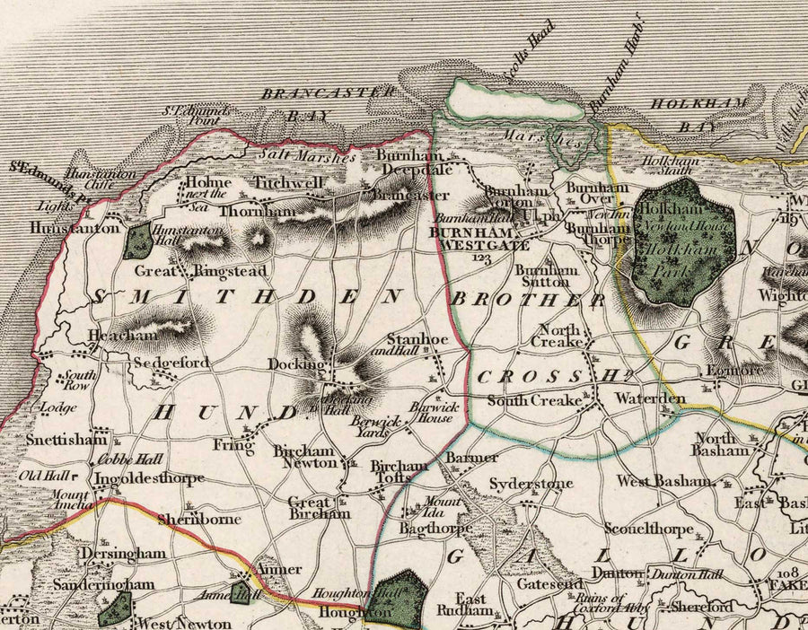 Antica mappa del Norfolk nel 1807 di John Cary - Norwich, Cromer, Great Yarmouth, Thetford, King&