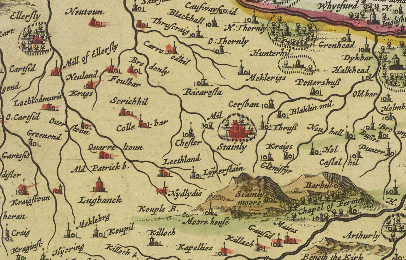 Old Map of Renfrewshire in 1665 by Joan Blaeu - Glasgow, Renfrew, Paisley, Inchinnan, Bishopton, River Clyde
