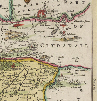 Old Map of Renfrewshire in 1665 by Joan Blaeu - Glasgow, Renfrew, Paisley, Inchinnan, Bishopton, River Clyde
