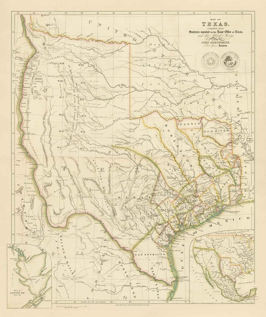 Mappa antica della Repubblica del Texas, 1841 - Paese indipendente prima degli USA, Houston, San Antonio, Golfo del Messico 