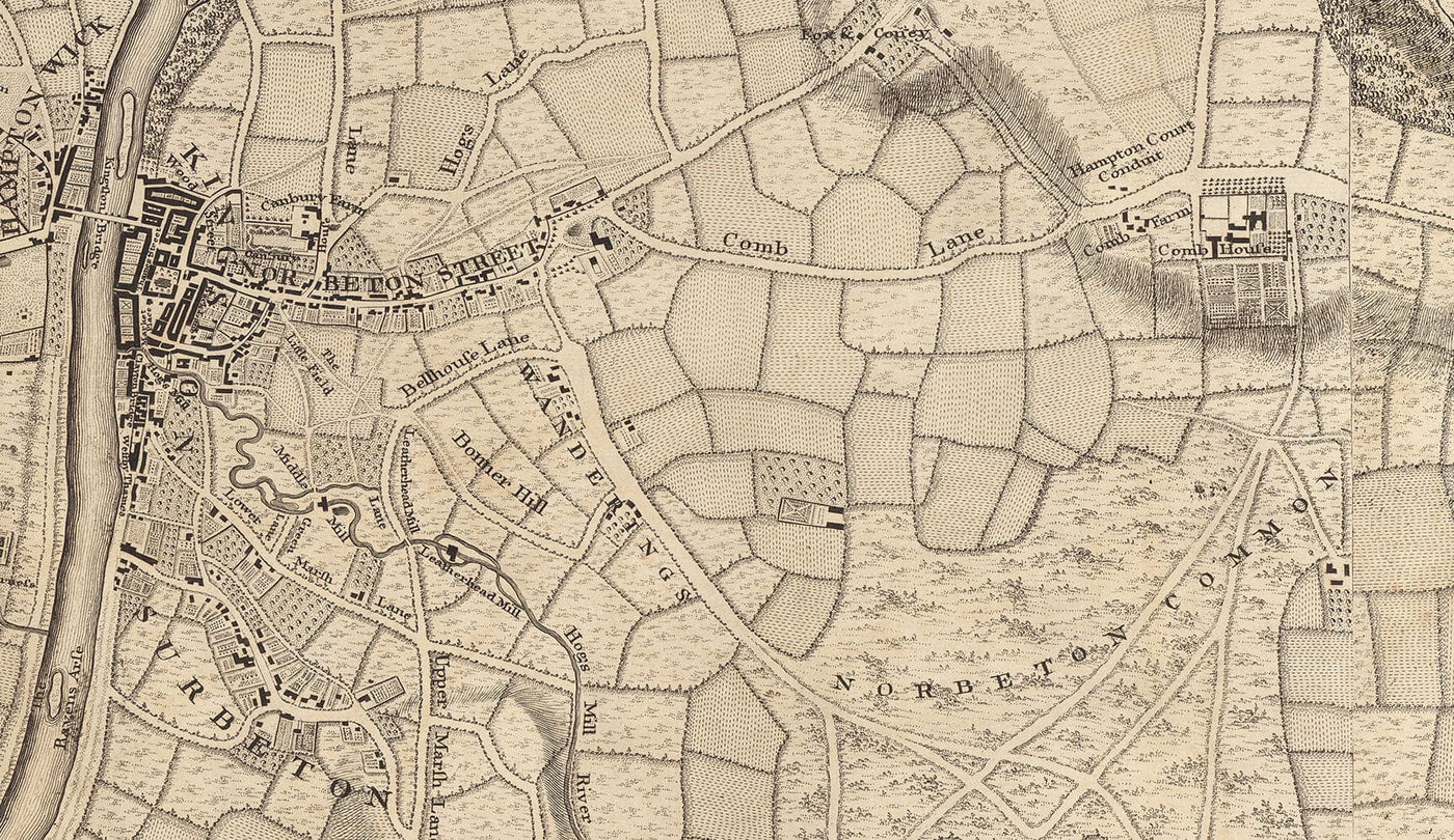 Old Map of London and 10 miles around by John Rocque in 1746 - featuring Hackney, Wimbledon, Highgate, Richmond and other London suburbs