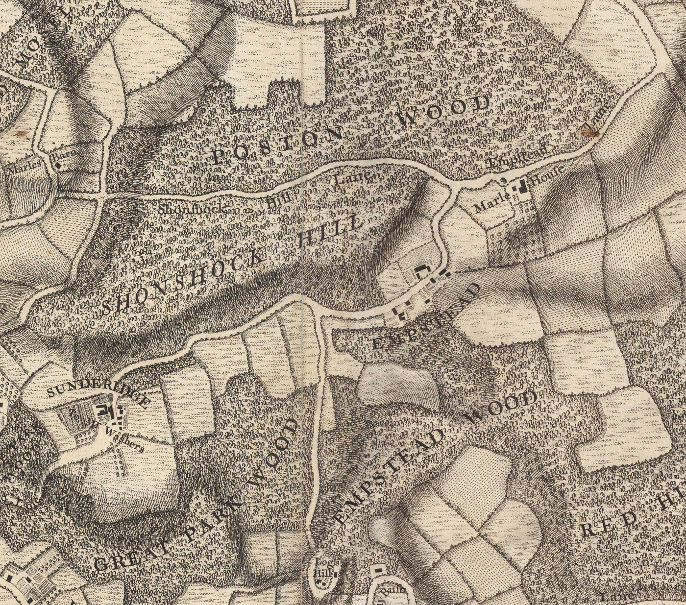 Old Map of South East London in 1746 by John Rocque - Chislehurst, Bromley, Mottingham, Southend, Widmore, SE6, SE12, SE9, SE13