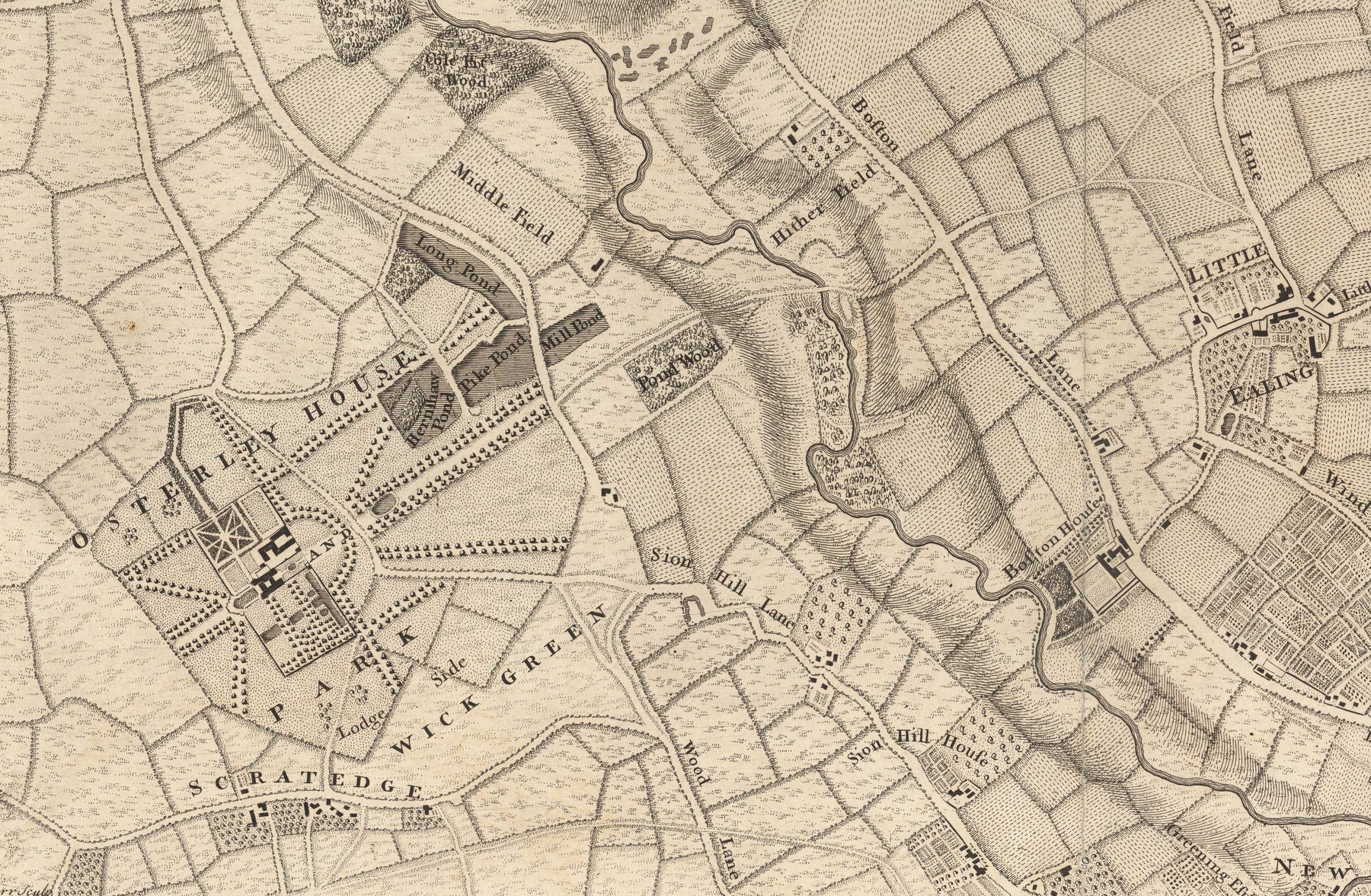 Old Map of West London in 1746 by John Rocque - Brentford, Ealing, Act ...