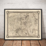 Ancienne carte du sud-ouest de Londres en 1746 par John Rocque - Twickenham, Isleworth, Richmond Park, Hounslow, Whitton, SW14, TW1, TW2, TW4