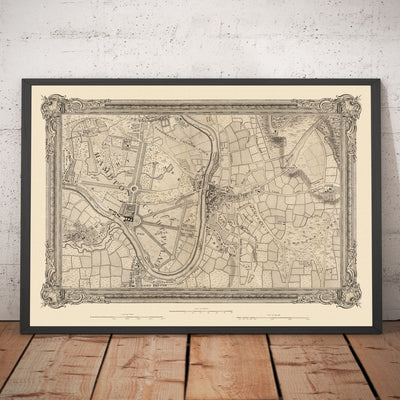 Alte Karte von Südwest-London im Jahr 1746 von John Rocque - Kingston, Hampton Court, Teddington, Surbiton, Themse