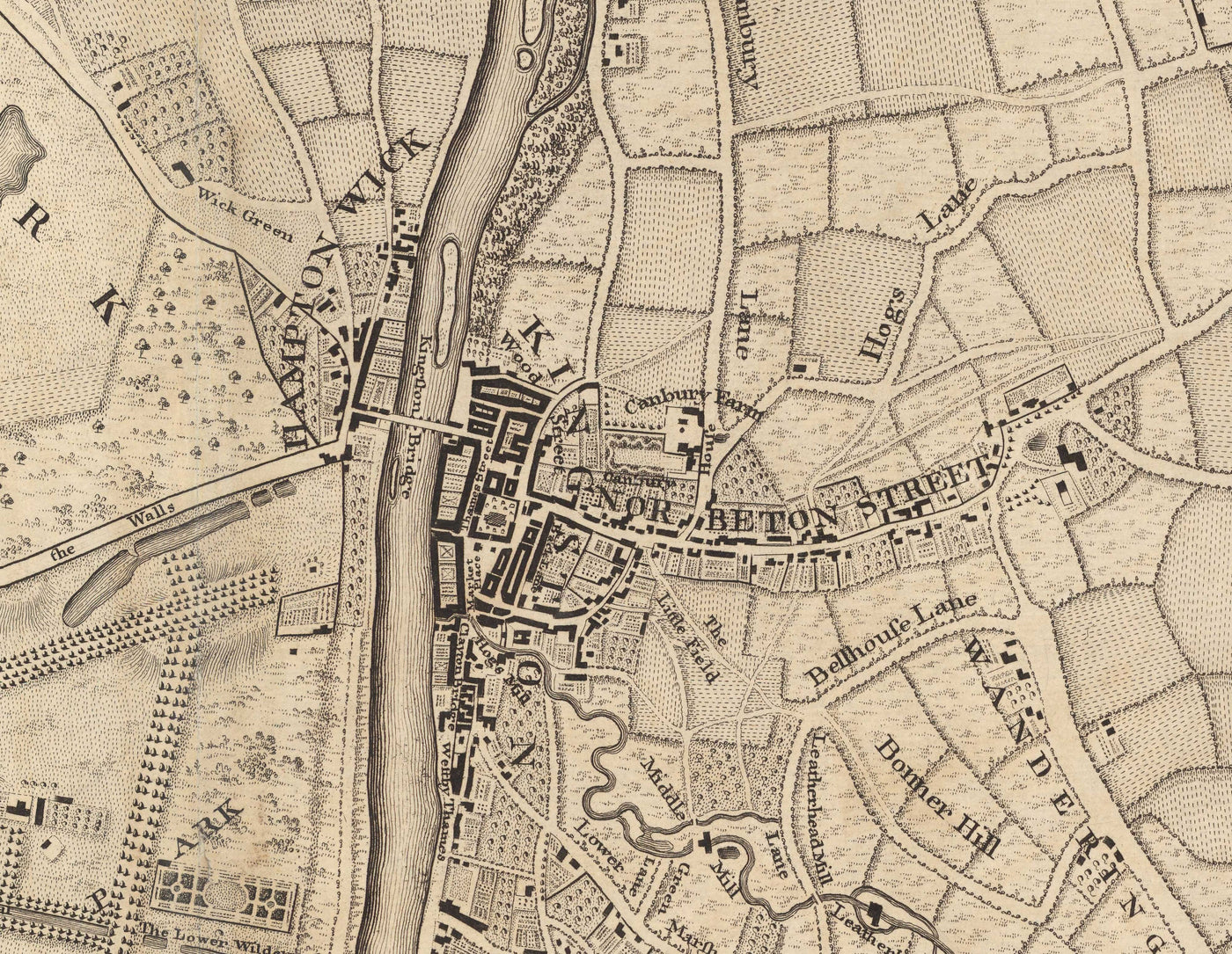 Ancienne carte du sud-ouest de Londres en 1746 par John Rocque - Kingston, Hampton Court, Teddington, Surbiton, Tamise