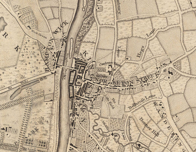 Antiguo mapa del suroeste de Londres en 1746 por John Rocque - Kingston, Hampton Court, Teddington, Surbiton, Támesis