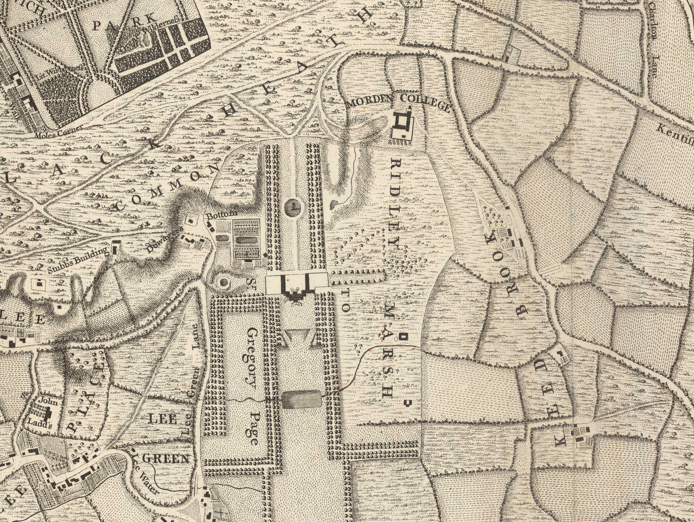Old Map of South East London in 1746 by John Rocque - Lewisham, Woolwich, Greenwich, Eltham, Deptford, SE8, SE14, SE10, SE7, SE3, SE4, SE13
