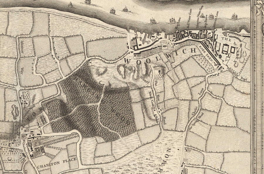 Mappa antica del sud-est di Londra nel 1746 di John Rocque - Lewisham, Woolwich, Greenwich, Eltham, Deptford, SE8, SE14, SE10, SE7, SE3, SE4, SE13 