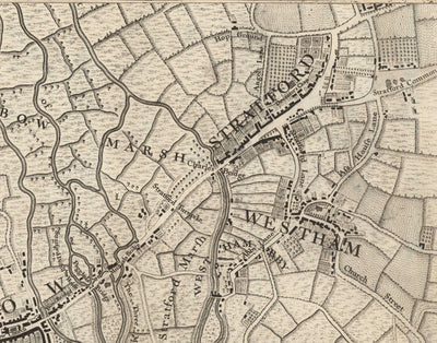 Old Map of East London in 1746 by John Rocque - Stratford, Eastham, Upton Park, Canary Wharf, Plaistow, E3, E6, E13, E14, E15, E16