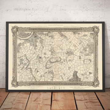 Alte Karte von Süd-London im Jahr 1746 von John Rocque - Peckham, Camberwell, Vauxhall, Dulwich, Lambeth, SW2, SW4, SW8, SW9, SE5, SE15, SE22, SE24 