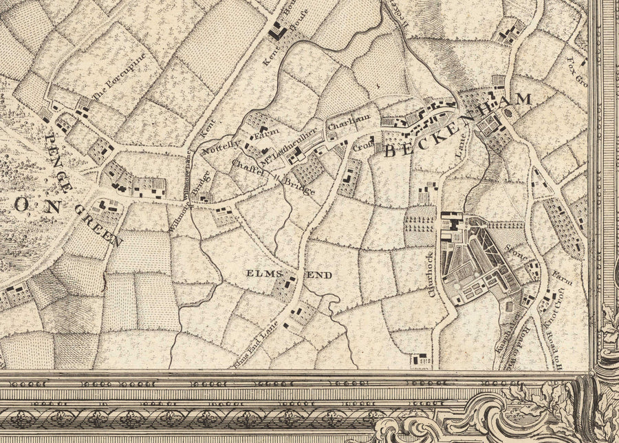 Mappa antica del sud-est di Londra nel 1746 di John Rocque - Streatham, Beckenham, Sydenham, Knights Hill, Norwood, SE19, SE21, SE23, SE26, SE27, SW2, SW16 