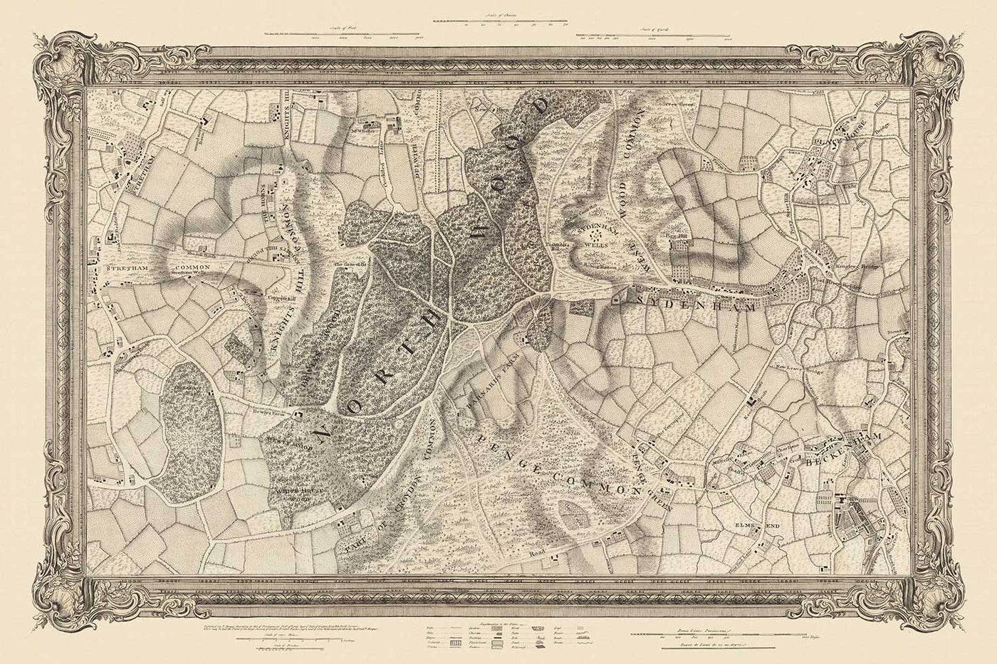 Ancienne carte du Sud-Est de Londres en 1746 par John Rocque - Streatham, Beckenham, Sydenham, Knights Hill, Norwood, SE19, SE21, SE23, SE26, SE27, SW2, SW16