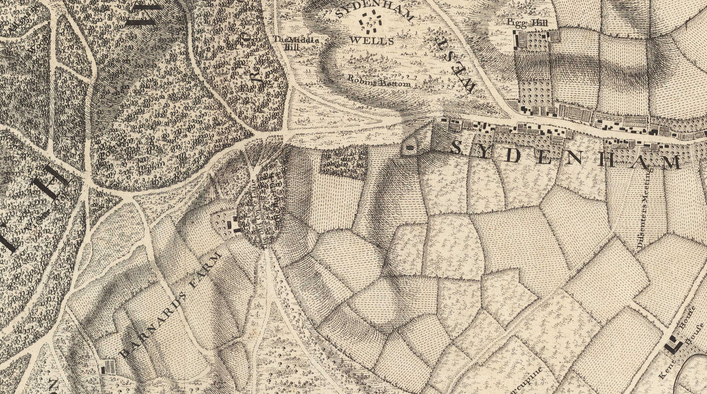Alte Karte von Südost-London im Jahr 1746 von John Rocque - Streatham, Beckenham, Sydenham, Knights Hill, Norwood, SE19, SE21, SE23, SE26, SE27, SW2, SW16