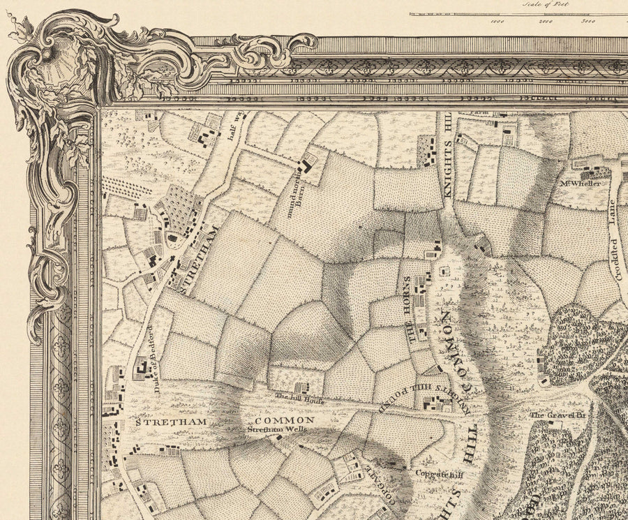 Mappa antica del sud-est di Londra nel 1746 di John Rocque - Streatham, Beckenham, Sydenham, Knights Hill, Norwood, SE19, SE21, SE23, SE26, SE27, SW2, SW16 
