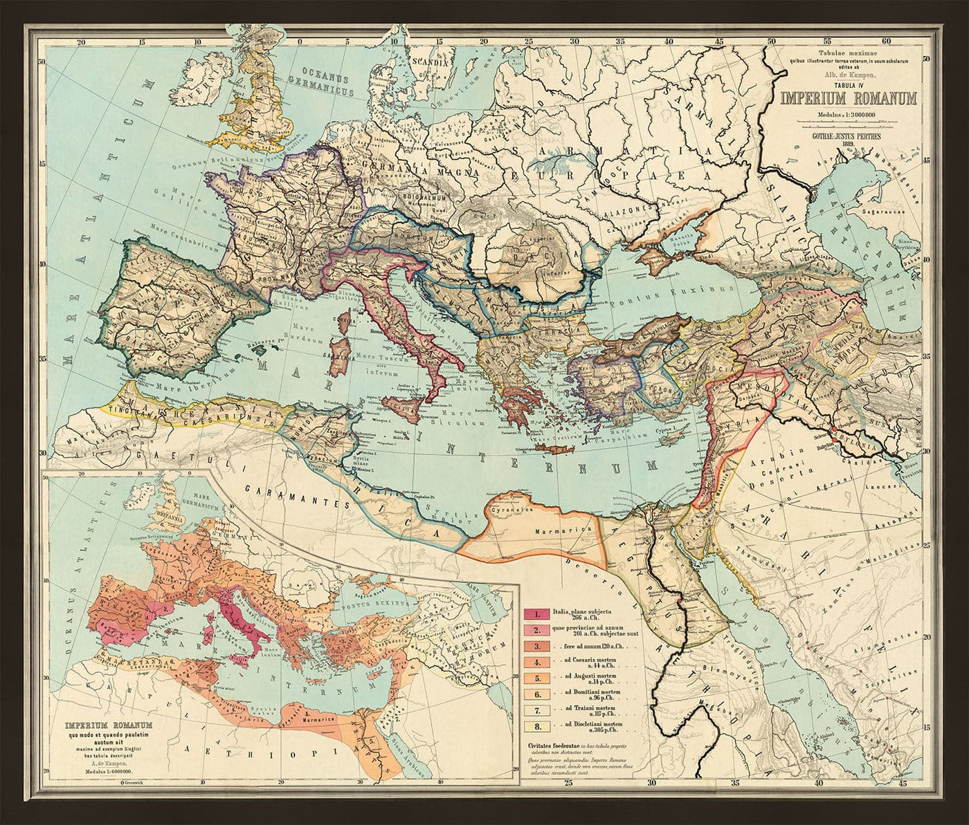 Old Roman Empire World Map From 266BC to 305AD by Perthes & Kampen, 1889 - Rare Map of Byzantine, West and East Roman Empire & Roads