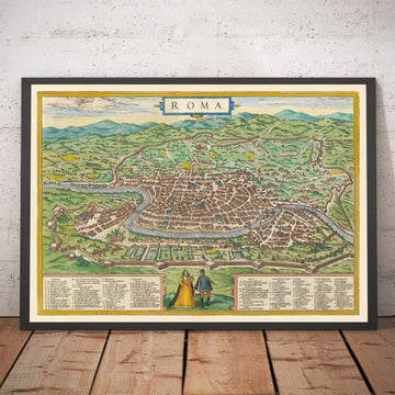 Alte Karte von Rom, 1572 von Braun - Vatikanstadt, Papstpalast, Forum, Pantheon, antike Ruinen, Kolosseum 